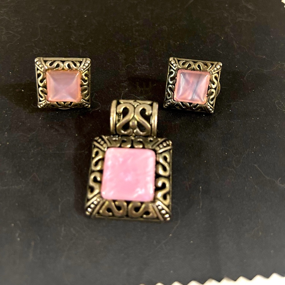 Pink and silver square earrings and slide set